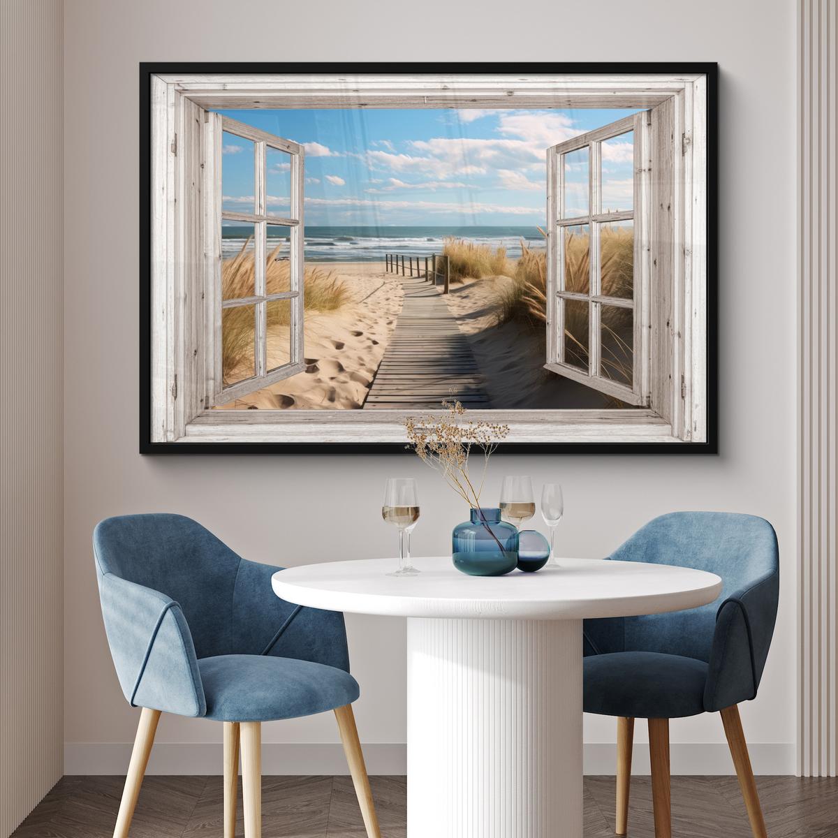POSTER MIT RAHMENGERAHMTES BILD Fenster - Meer - Küste - Natur - Ausblick - Strand - Wattenmeer 120x80 cm - Beige, Papier (120/80cm) - MuchoWow