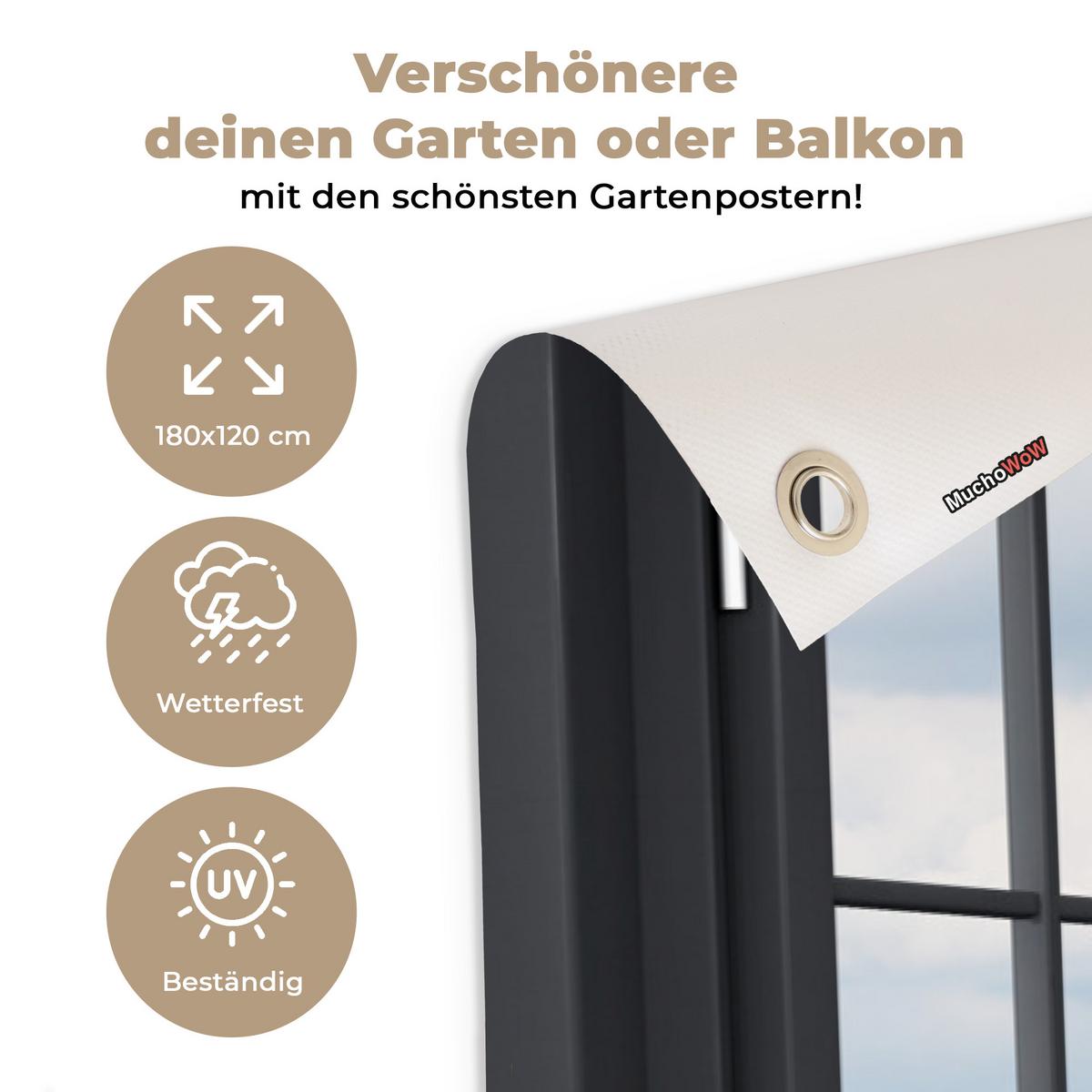 GARTENPOSTER Aussicht - Kuh - Mühle - Kühe - Wiese - Gras - Grün Poster für draußen 180x120 cm - Anthrazit, Kunststoff (180/120/0.2cm) - OnlyWow