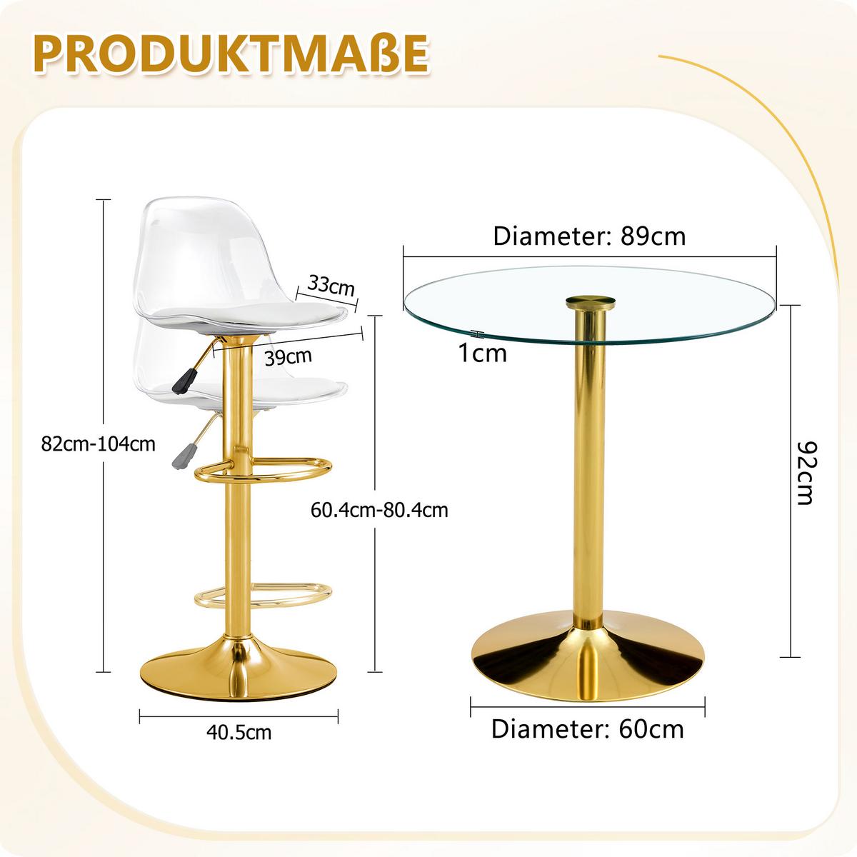 BAR-SET Runder Glastisch 89cm & 2 Hocker Transparent Gold Verstellbar - Goldfarben, Glas (89/92/89cm) - Urban Meuble