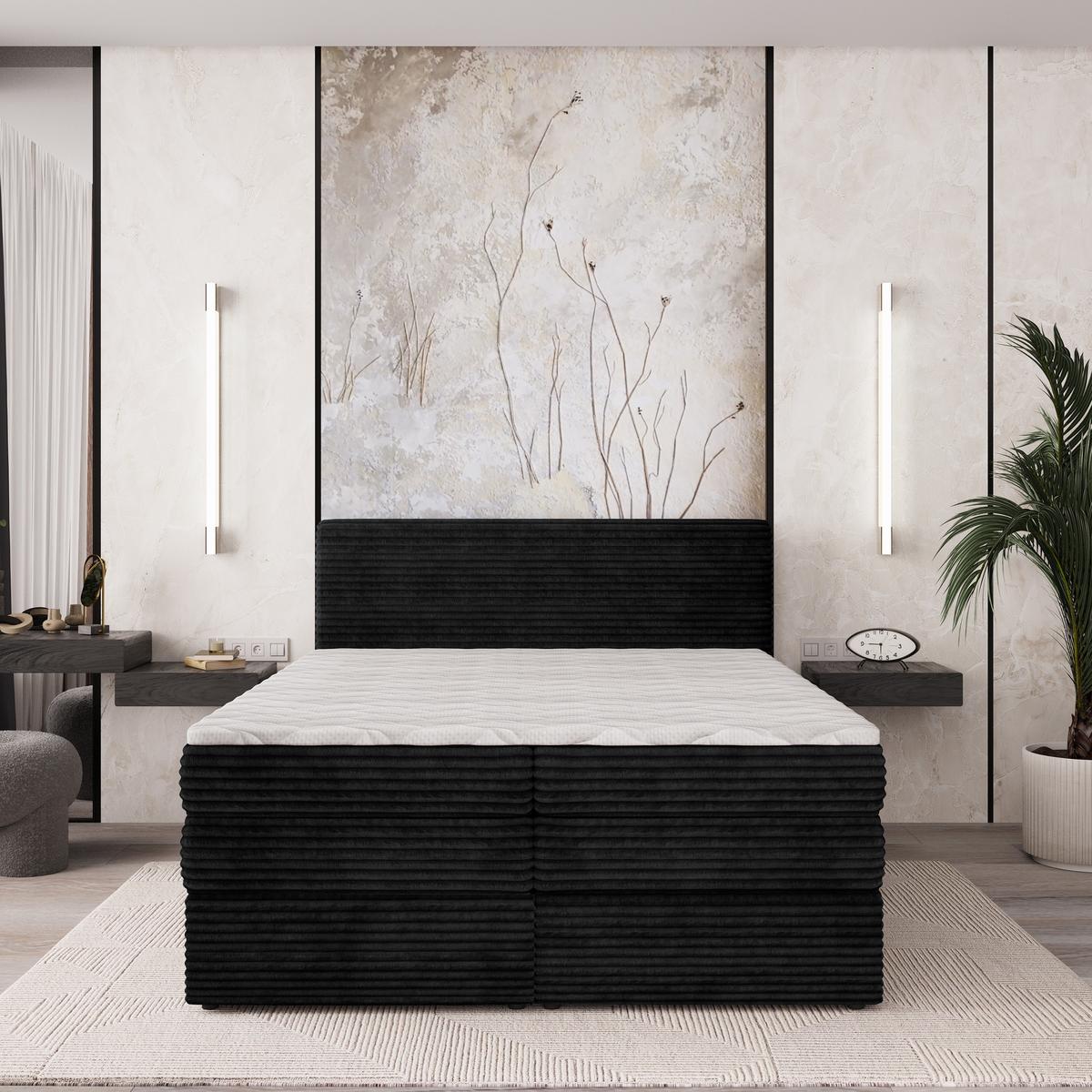 BOXSPRINGBETT LUNERA 180x200 cm mit Matratze und Topper - Schwarz - Schwarz, Holz (180/200cm) - MASSENO