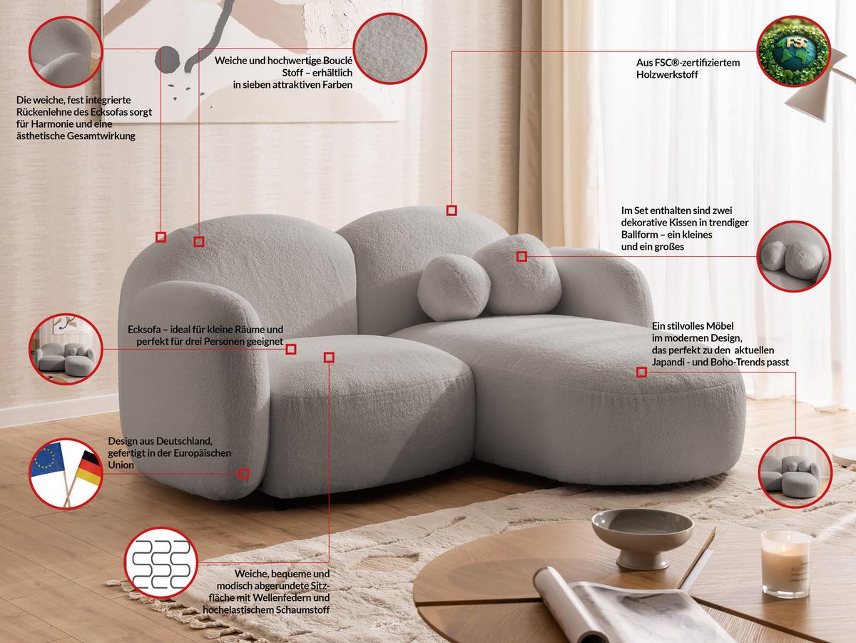ECKSOFA Nuvola mit abgerundetem Design Hellgrau Bouclé-Stoff - Ottomane Rechts - Hellgrau/Schwarz, Holz/Kunststoff (190/146cm) - S-Style
