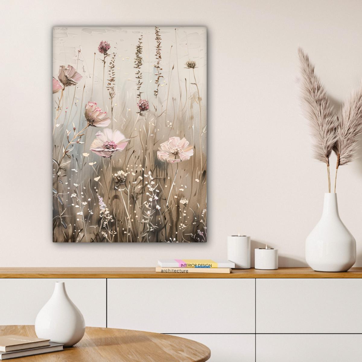 LEINWANDBILD Blumen - Rosa - Modern - Beige Wandbild Wohnzimmer 60x80 cm - Beige, Textil (60/80cm) - MuchoWow