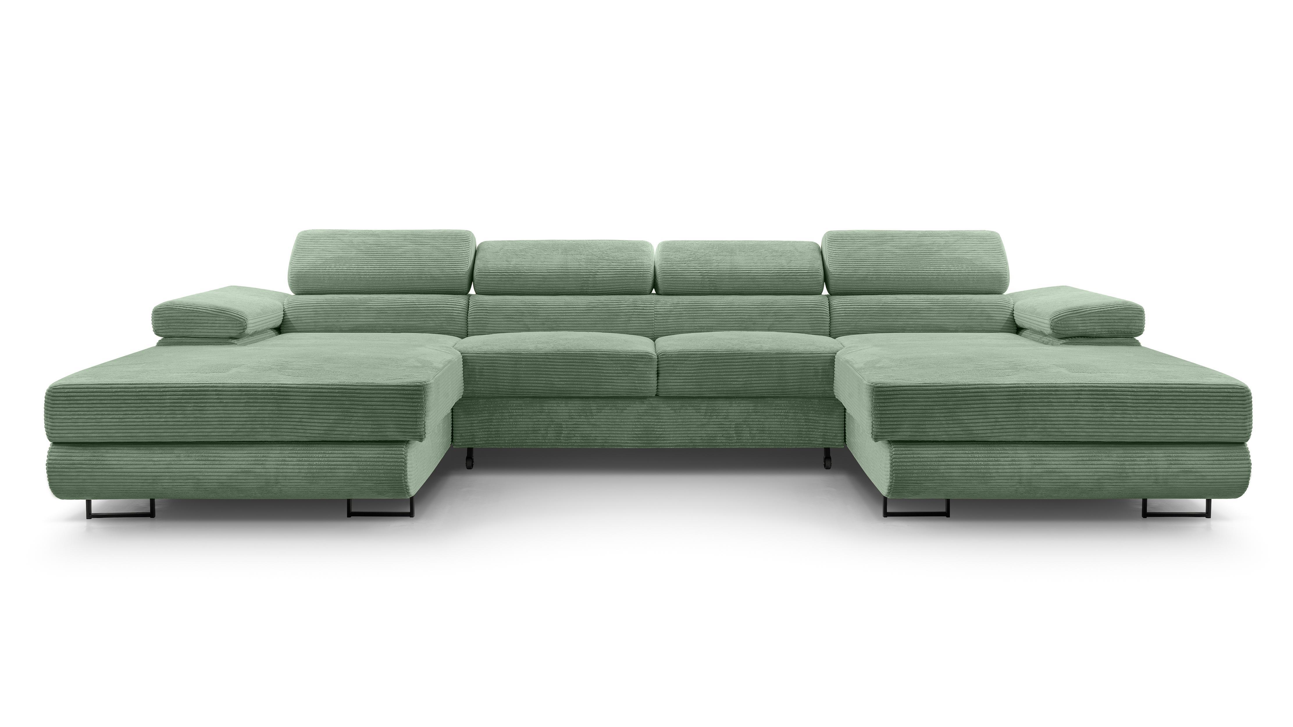 WOHNLANDSCHAFT Arborio Salbeigrün 352/202/90 cm mit Schlaffunktion - Schwarz/Grün, Textil/Metall (352/90/202cm) - AX Living