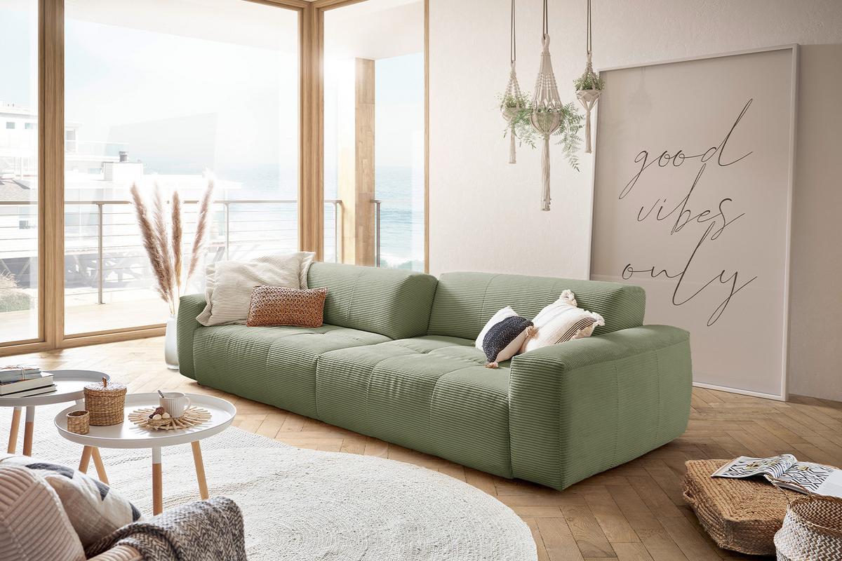 SOFA MIT SITZTIEFENVERSTELLUNG PALACE Grün Cord Relaxfunktion - Schwarz/Olivgrün, Kunststoff/Textil (298/74/120cm) - KAWOLA