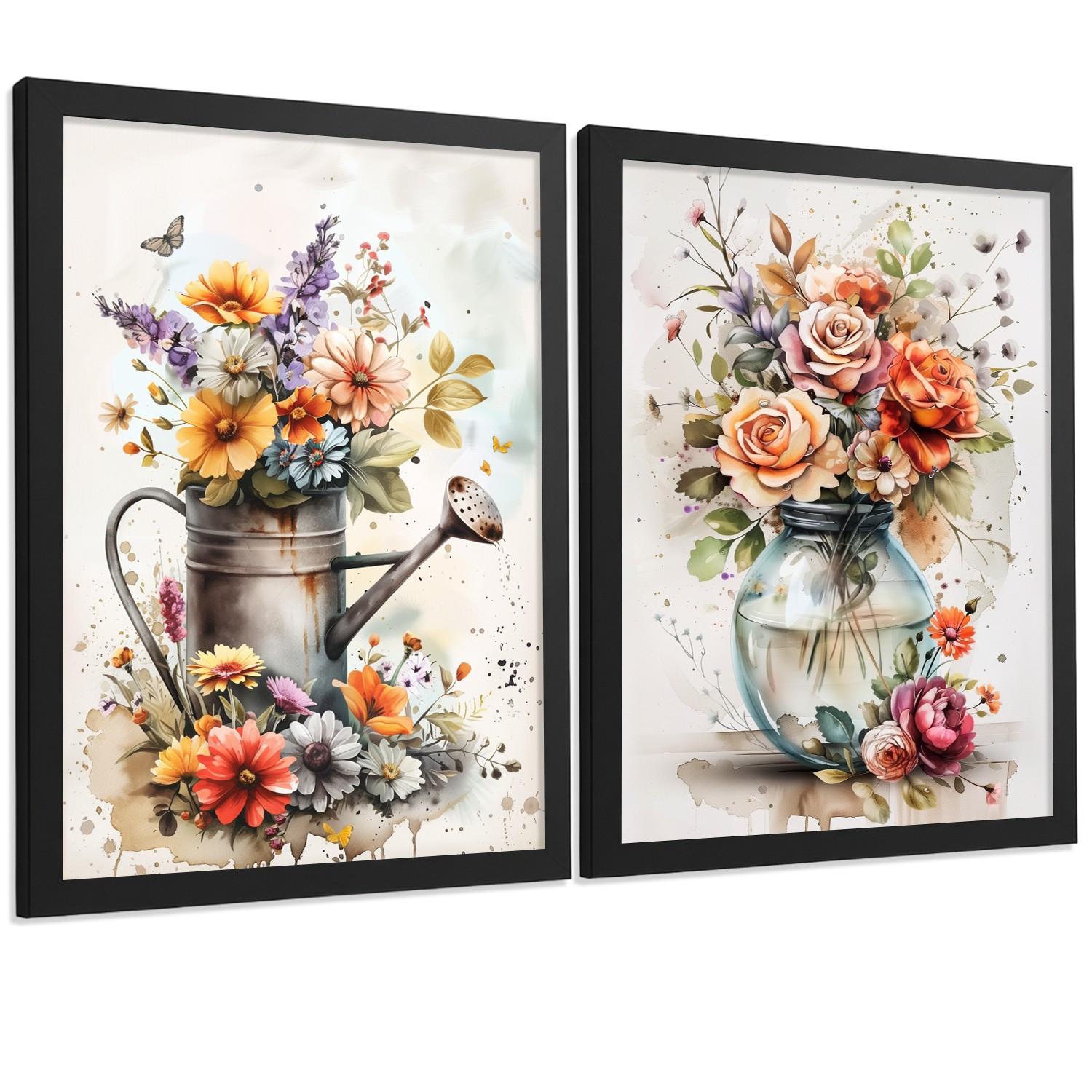 POSTER 2er Set Blumen-Wandbilder Rosen in Vase Botanisches Aquarell Bunt Küche Wohnzimmer Wanddeko Rahmenlos A4 - Schwarz, Papier (29.7/1/21cm) - Nacnic