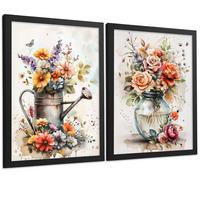 POSTER 2er Set Blumen-Wandbilder Rosen in Vase Botanisches Aquarell Bunt Küche Wohnzimmer Wanddeko Rahmenlos A4 - Schwarz, Papier (29.7/1/21cm) - Nacnic