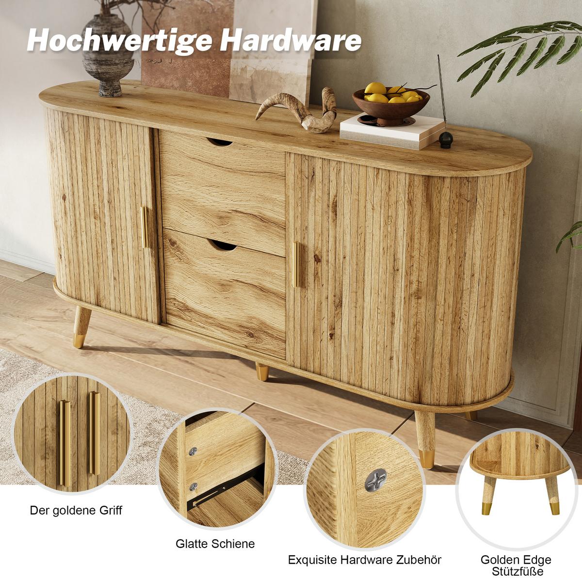 SIDEBOARD Naturholzoptik Abgerundet mit 2 Schiebetüren & 2 Schubladen - Naturfarben, Holzwerkstoff (140/79.5/40cm) - Urban Meuble