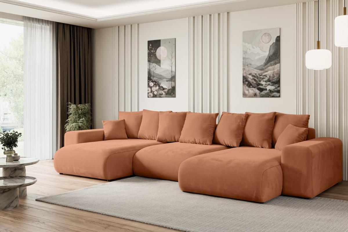WOHNLANDSCHAFT mit Schlaffunktion ESKAR-U -364x176x84cm Koralle Velours - Koralle/Schwarz, Holzwerkstoff/Kunststoff (364/72/176cm) - ALTDECOR