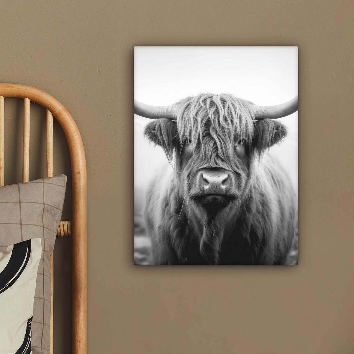 LEINWANDBILD Schottischer Highlander - Nebel - Schwarz - Weiß Room Decor 30x40 cm - Grau, Textil (30/40cm) - MuchoWow