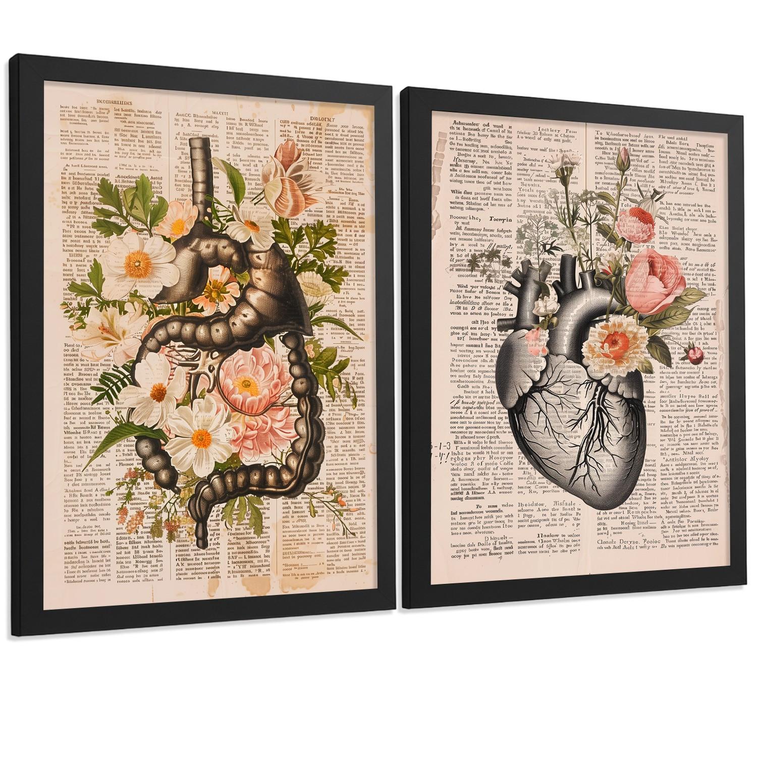 POSTER Set aus 2 Anatomie Mensch Drucke und Wandbilder mit Verdauungssystem Darm und Herz Klassisches Florales Design Größe Schwarzer Rahmen A3 - Schwarz, Papier (29.7/42/3cm) - Nacnic
