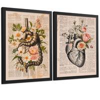 POSTER Set aus 2 Anatomie Mensch Drucke und Wandbilder mit Verdauungssystem Darm und Herz Klassisches Florales Design Größe Schwarzer Rahmen A3 - Schwarz, Papier (29.7/42/3cm) - Nacnic