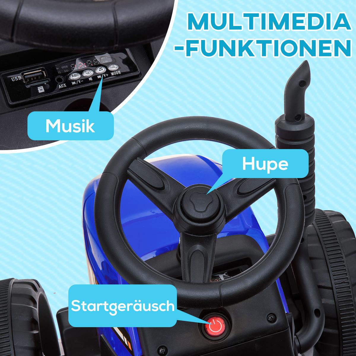 ELEKTRISCHER Traktor Kinder Aufsitztraktor mit MP3 Funktion, 3-6KM/H, Blau - Blau, Metall (136.5/50/52.5cm) - HOMCOM
