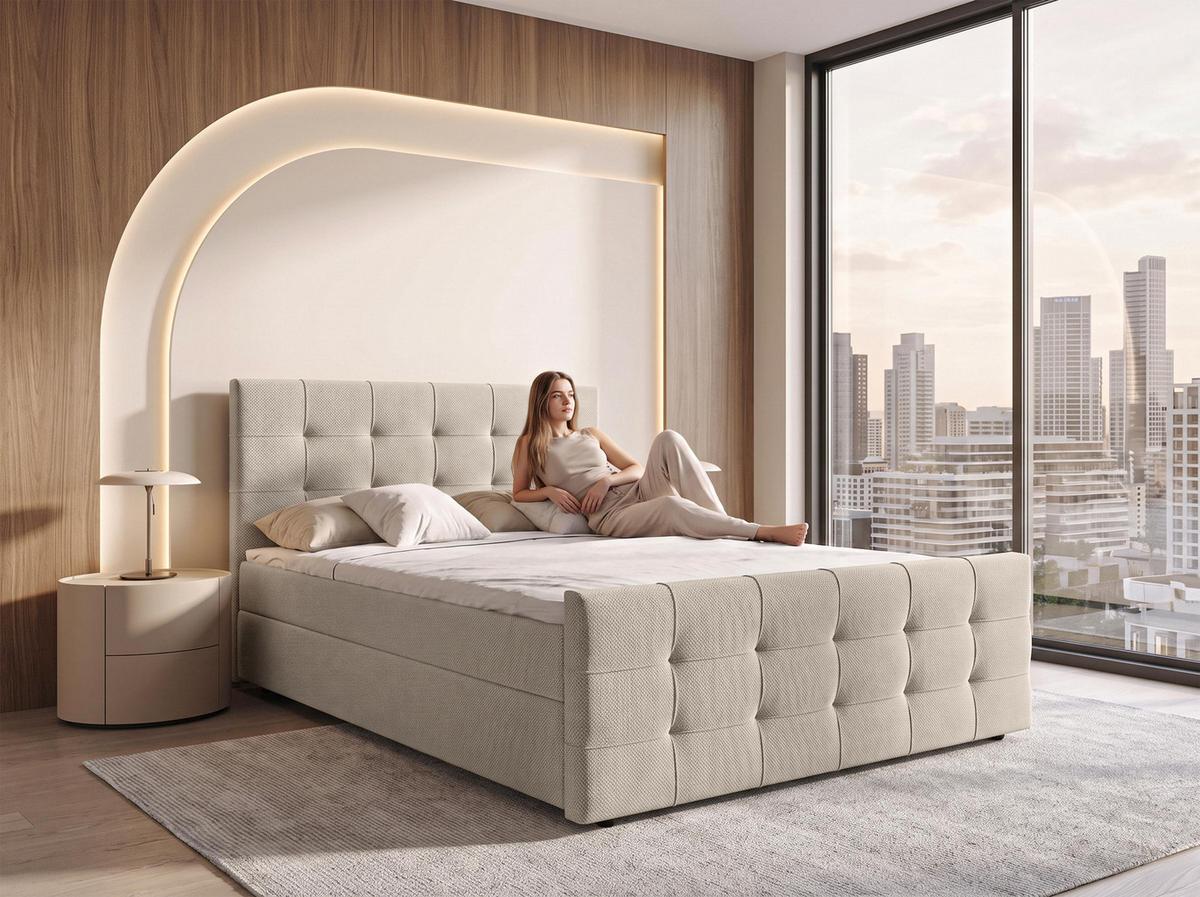 BOXBETT DEFNE 140x200 cm mit Fußteil und Matratze - Beige + TOPPER - Beige/Schwarz, Holz/Holzwerkstoff (140/200cm) - AX Living