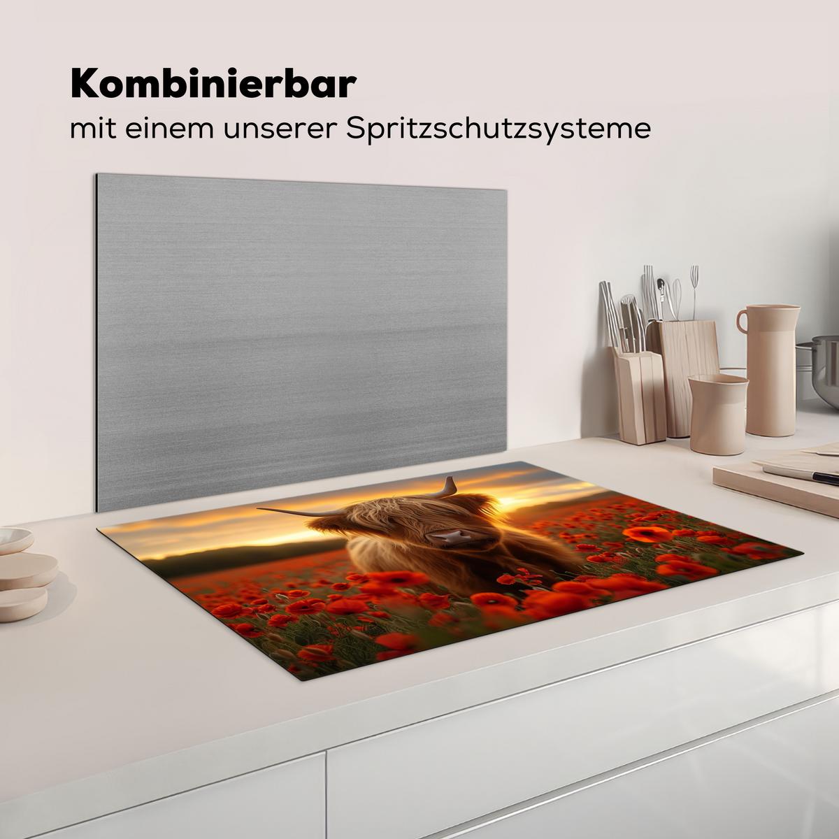 HERDABDECKPLATTE Schottische Highlander - Rosen - Blumenfeld - Sonnenuntergang Ceranfeldabdeckung 80x52 cm - Rotbraun, Kunststoff (80/52/0.2cm) - MuchoWow