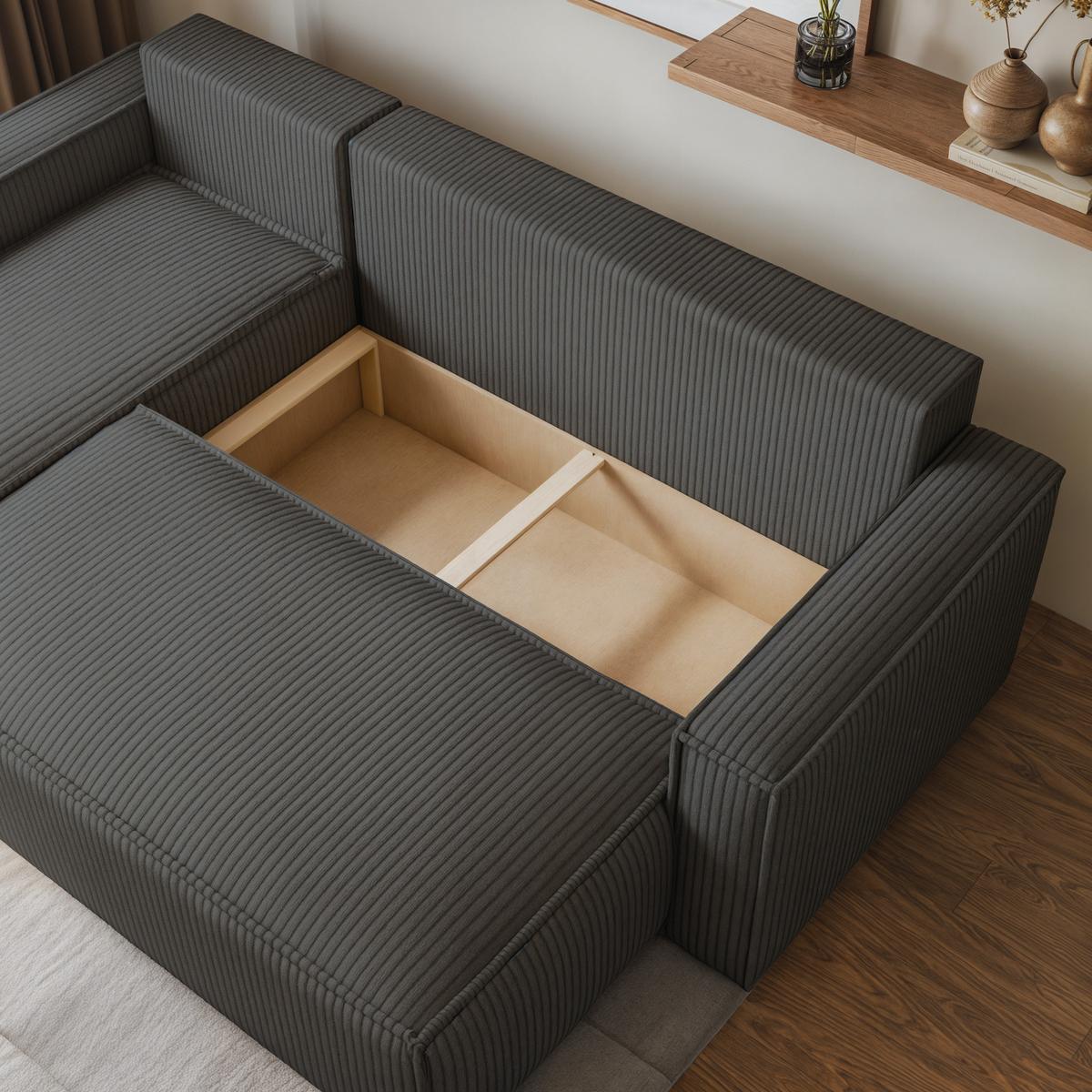 ECKSOFA RAVELO P Graphitfarben Kordstoff mit Schlaffunktion - Graphitfarben/Grau, Holz/Kunststoff (240/140cm) - MASSENO