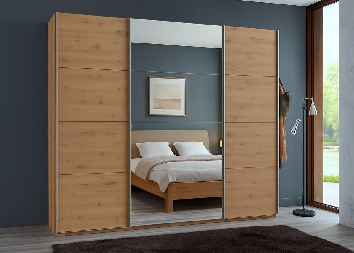 SCHWEBETÜRENSCHRANK 3-türig B225/H236/T64 cm extrahoch in Eiche Artisan Dekor, Kleiderschrank mit einer Spiegeltür / 22540 - Eichefarben/Goldfarben, Holzwerkstoff/Metall (225/236/64cm) - luma-home