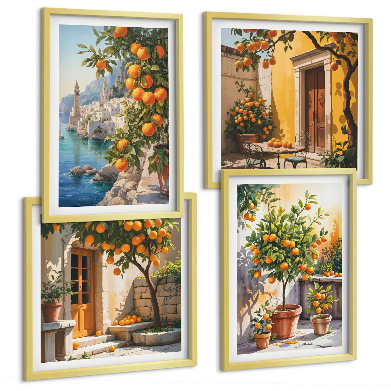 BILDER SET 4er Set - 50x50 cm & 40x60 cm Goldrahmen - Gemalte Zitruslandschaften - Goldfarben, Kunststoff (50/50cm) - TULUP
