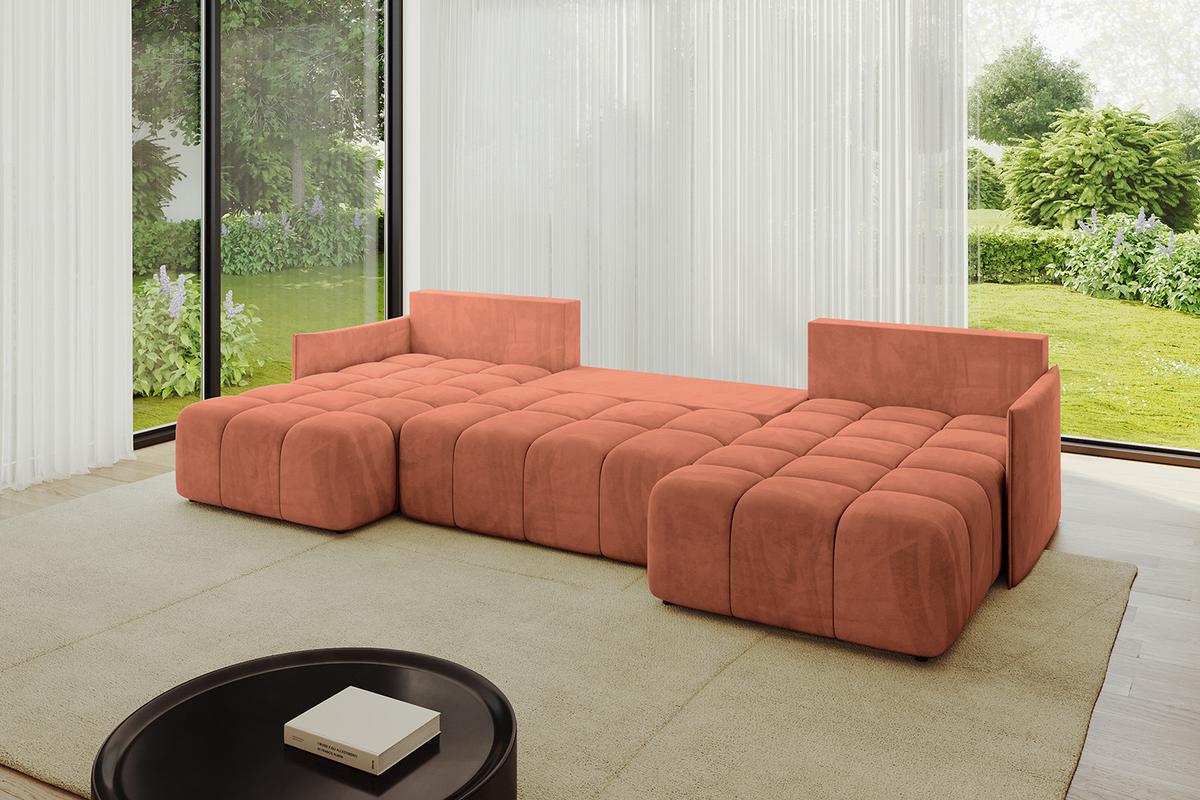 WOHNLANDSCHAFT LONLI-U 355x189x68 Apricot Velours - Koralle, Holzwerkstoff/Kunststoff (355/68/189cm) - ALTDECOR