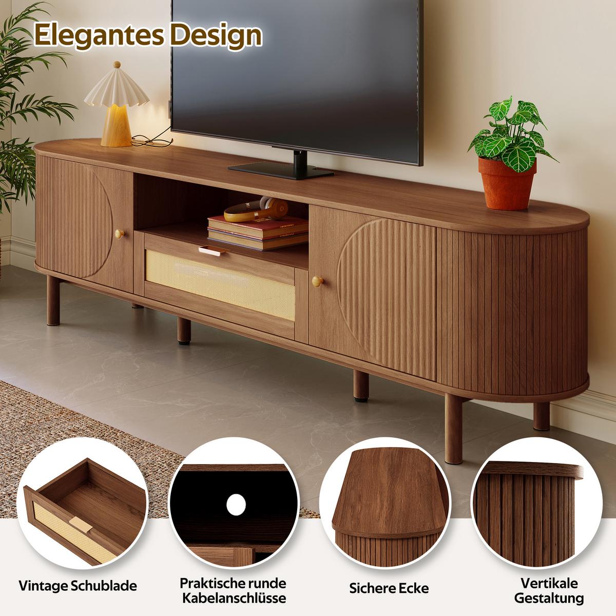 TV-SCHRANK 175 cm Nussbaum MDF mit Rattan-Schublade, offenen Fächern und Runddesign - Walnussfarben, Holzwerkstoff (175/51/36cm) - Urban Meuble