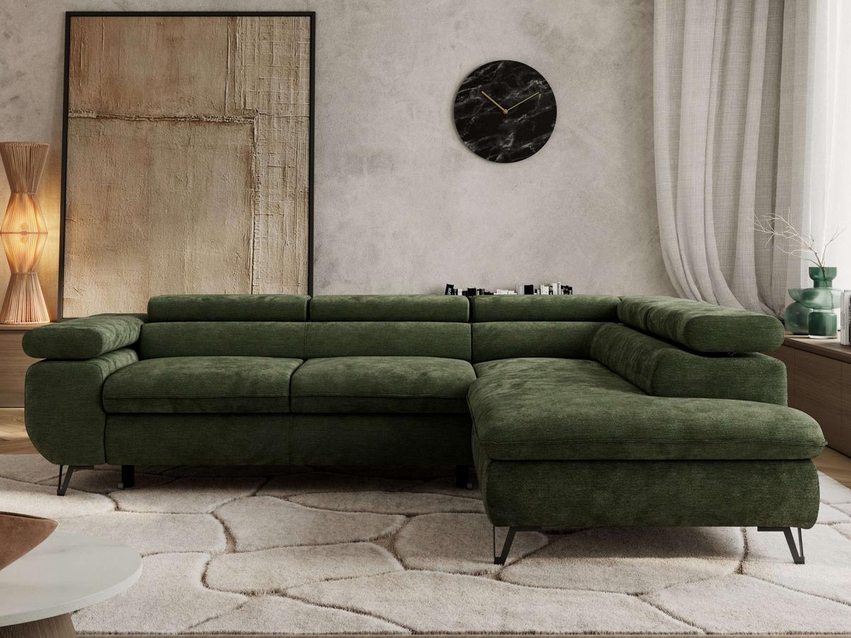 ECKSOFA PABLO L Dunkelgrün Schenille glatt - Rechts Seite - Dunkelgrün/Schwarz, Textil/Metall (273/208cm) - MKS