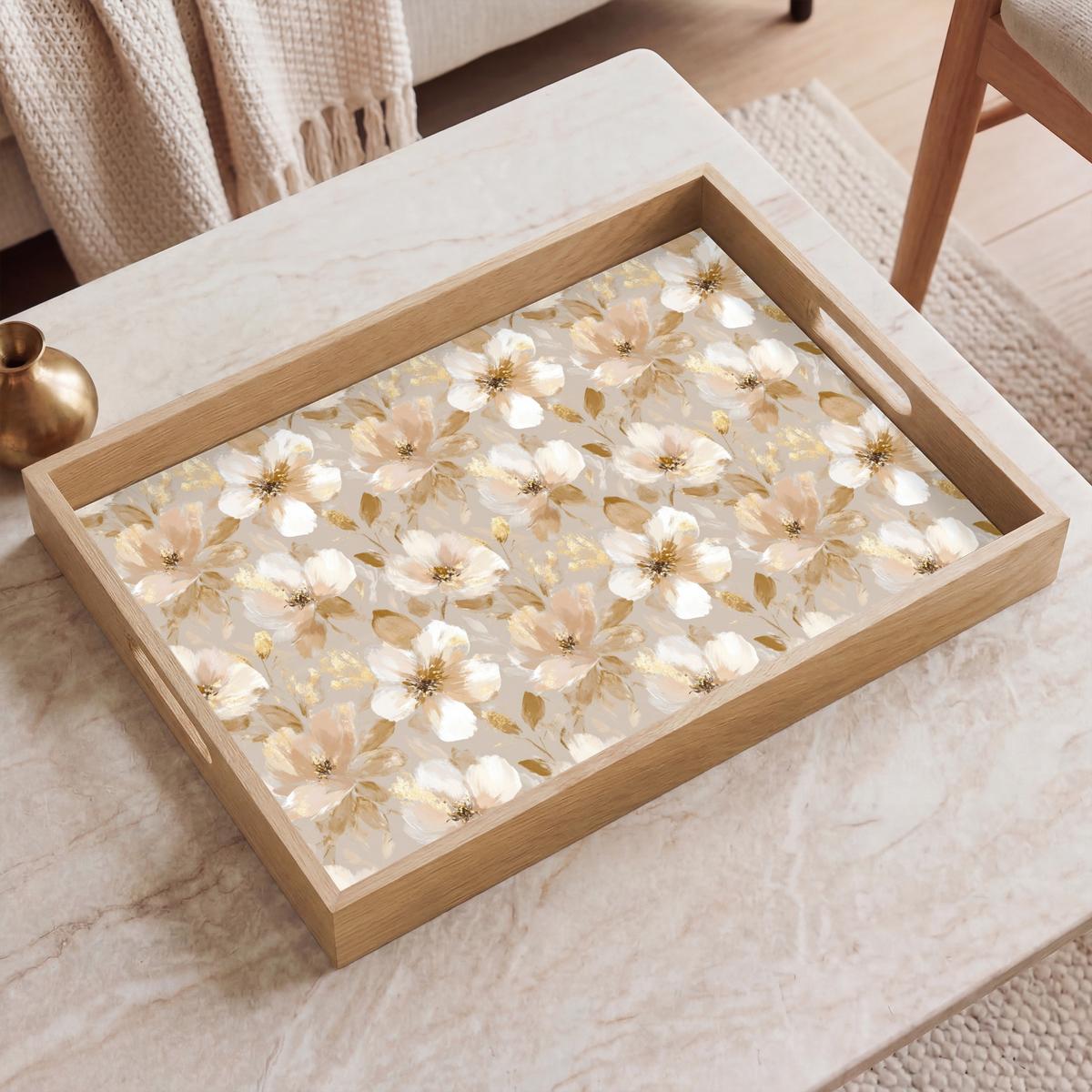 TABLETT Blumen - künstlerisch - Gold 50x35 cm - Beige, Holz (50/5/5cm) - OnlyWow