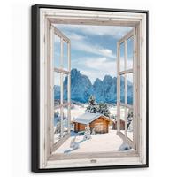 LEINWAND Bilder mit Rahmen - Winterlandschaft - Hütte - Berge - Ausblicke - Aussicht - Natur - 30x40 - Weiß Hochglanz, Textil (30/40cm) - MuchoWow
