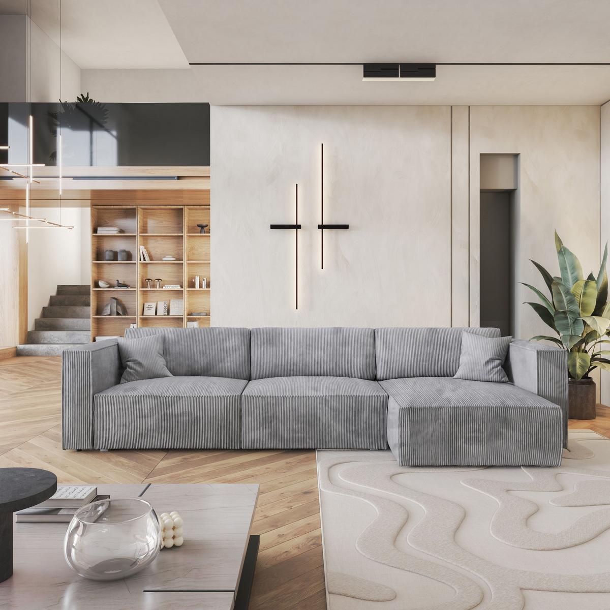 ECKSOFA TOLMO P Hellgrau Kordstoff mit Schlaffunktion - Hellgrau/Grau, Holz/Kunststoff (347/148cm) - MASSENO