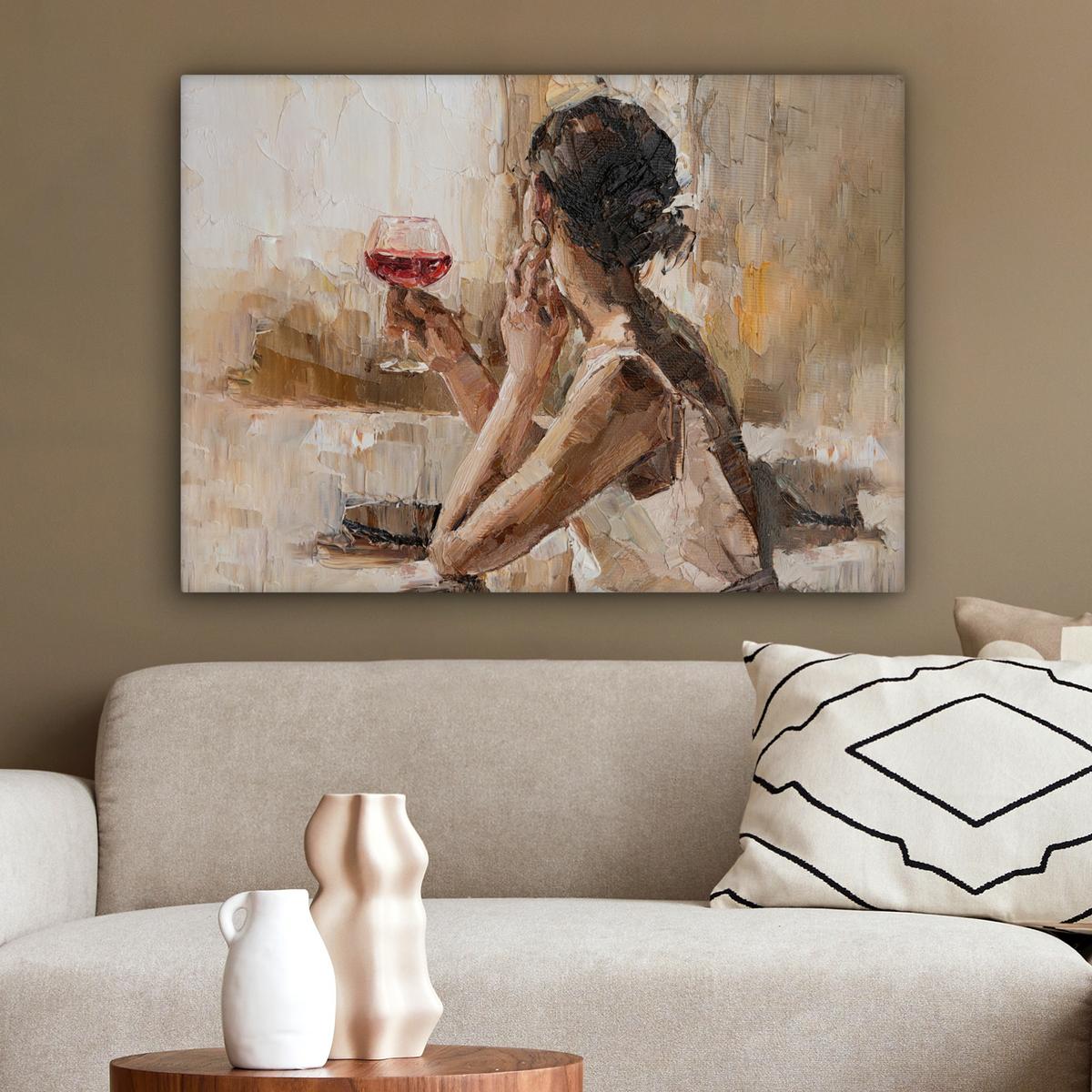 LEINWANDBILD Ölgemälde - Frau - Wein Wandbilder 80x60 cm - Hellbraun, Textil (80/60cm) - MuchoWow