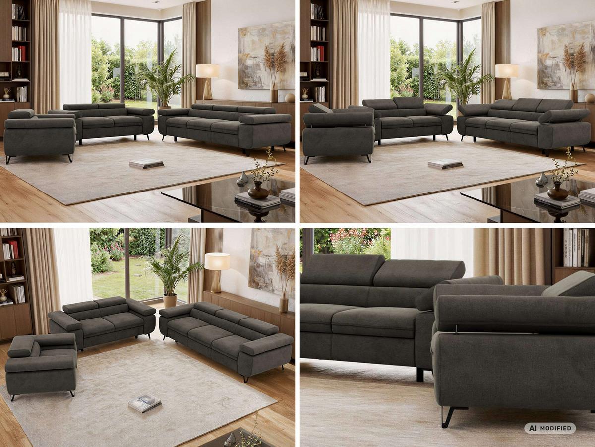 SITZGARNITUR PETER 1+2+3 - Dunkelgrau Velvet - Dunkelgrau/Schwarz, Textil/Metall (262/76/99cm) - MKS