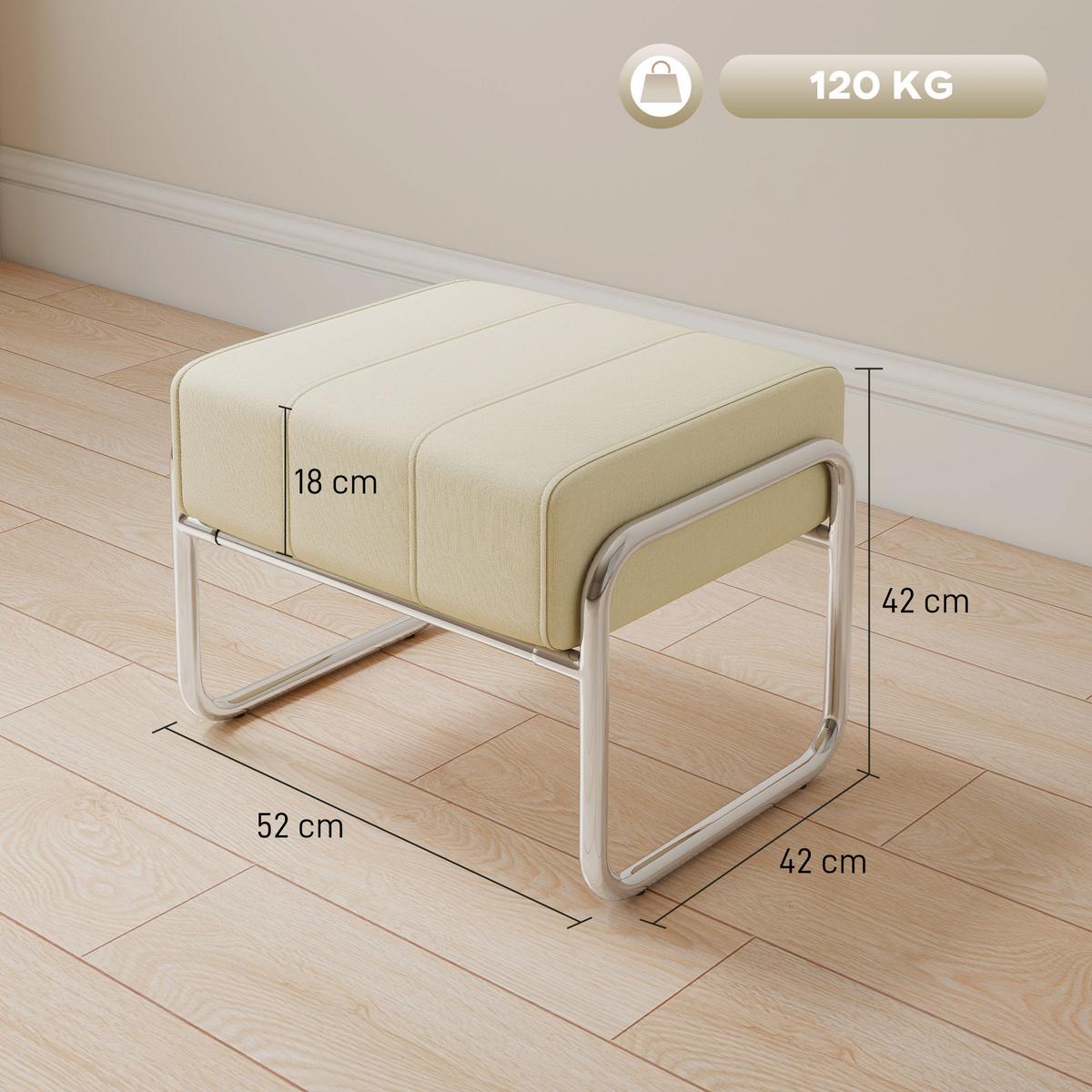 FUSSHOCKER Sitzhocker Dick Gepolstert Hocker mit Stahlbeinen für Schlafzimmer - Beige/Silberfarben, Textil/Metall (42/42/52cm) - HOMCOM
