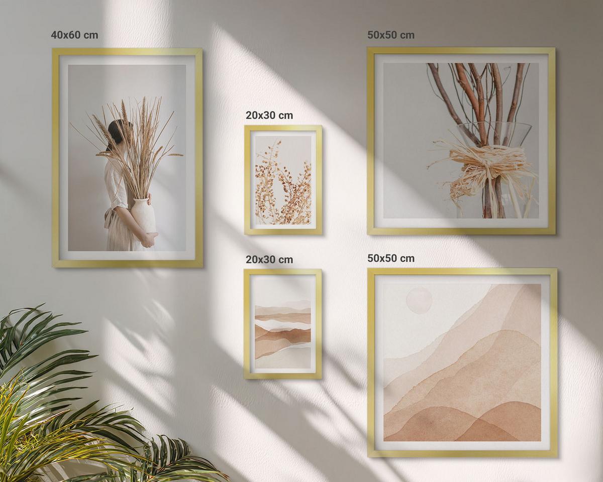 BILDER SET 5er Set - 50x50 cm & 20x30 cm & 40x60 cm Goldrahmen - Pflanzenmotive im Boho-Stil - Goldfarben, Kunststoff (40/60cm) - TULUP