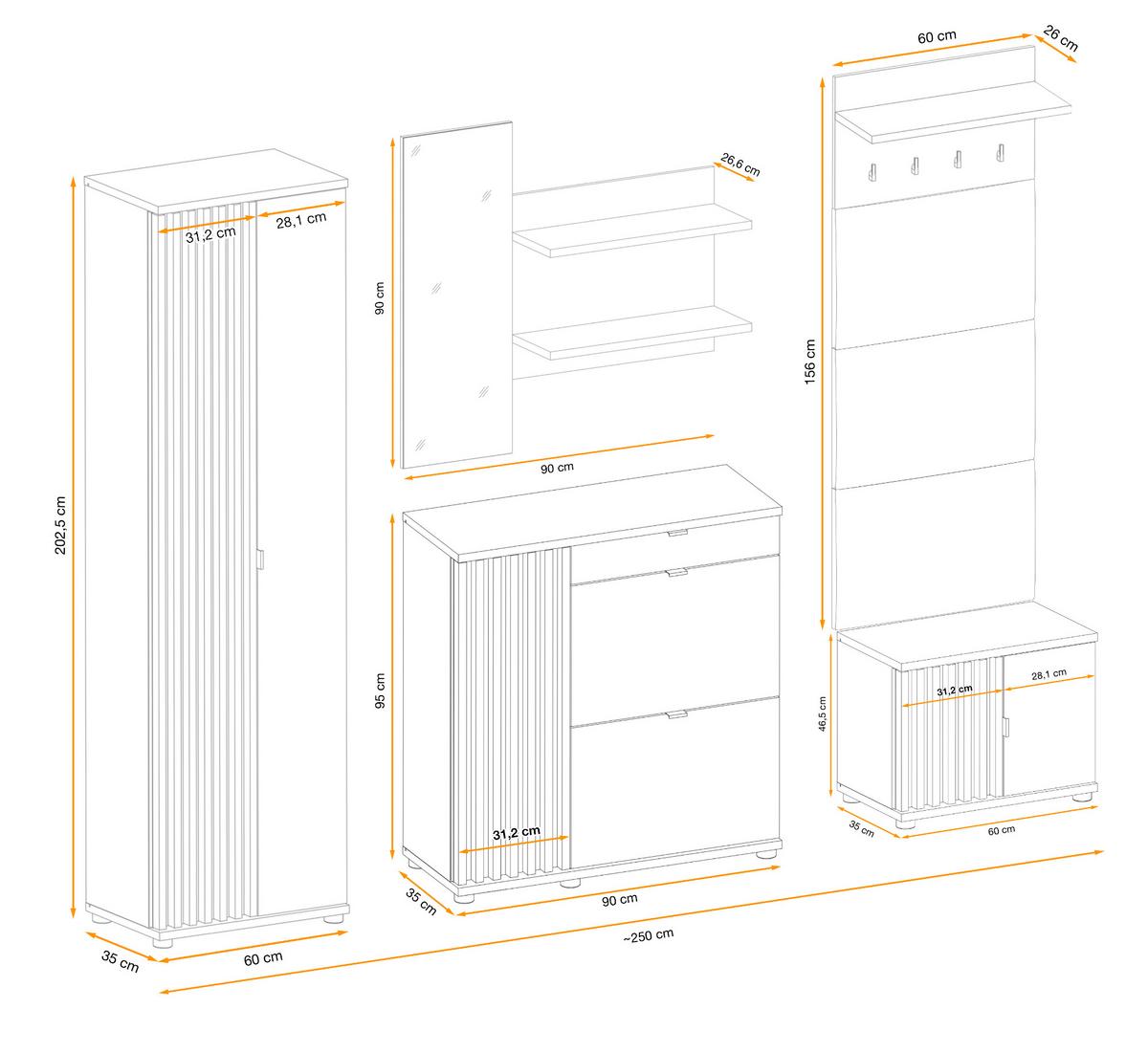 GARDEROBE Set 5-teilig Eiche Jackson, schwarz 250 cm, Garderobenkombination mit 3D-Lamellen - Eichefarben/Schwarz, Holzwerkstoff/Kunststoff (230/202/35cm) - Furn.Design