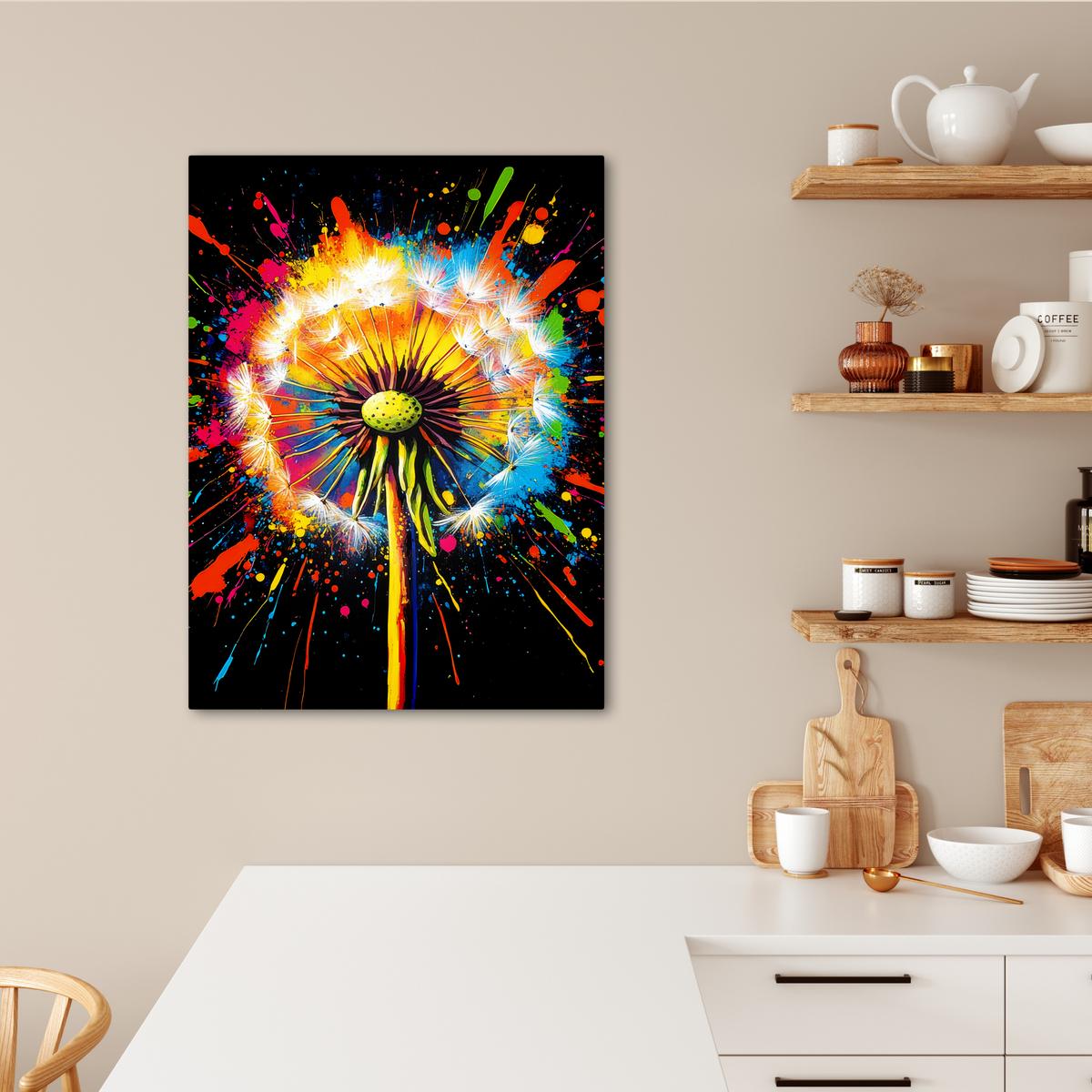 LEINWANDBILD Löwenzahn - Graffiti - Farbenfroh - Blumen - Natur Wandbild Wohnzimmer 60x80 cm - Multicolor, Textil (60/80cm) - MuchoWow