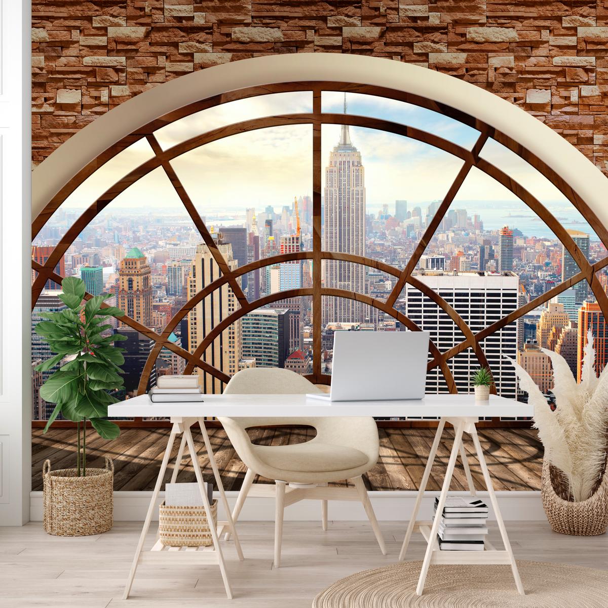 FOTOTAPETE für Wohnzimmer New York Fensterblick Panorama Stadt 150x105 - Beige/Braun, Papier (150/105cm) - Muralo
