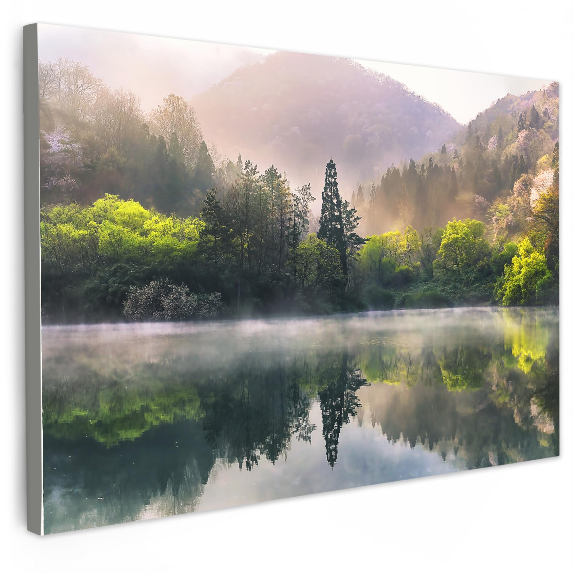 LEINWANDBILD Natur - Bäume - Berge - See - Wasser Groß 140x90 cm - Hellgrün, Textil (140/90cm) - MuchoWow