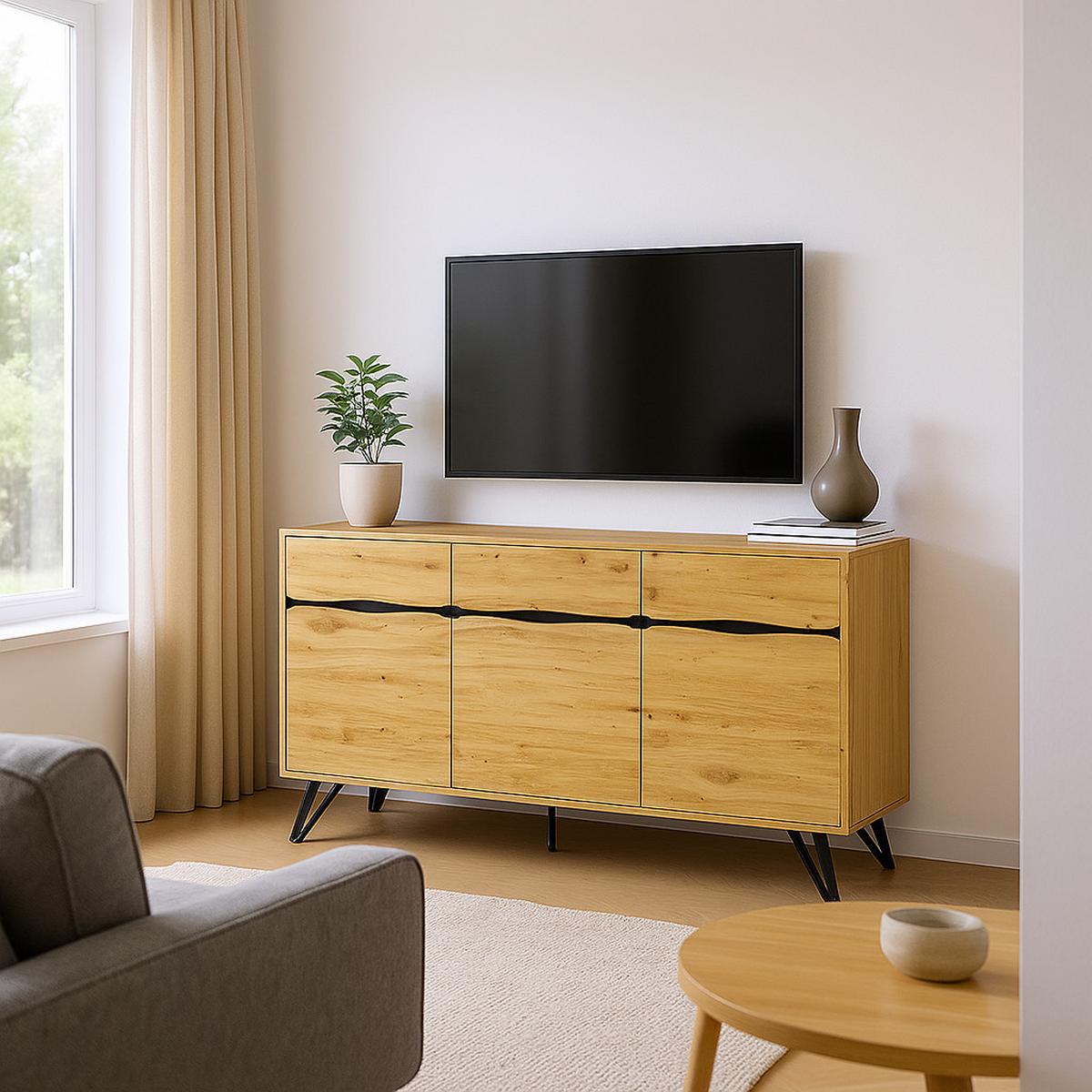 SIDEBOARD Eiche Nachbildung mit 4 Türen und Stabilem Gestell - Eichefarben, Holzwerkstoff/Metall (140/76/40cm) - Urban Meuble
