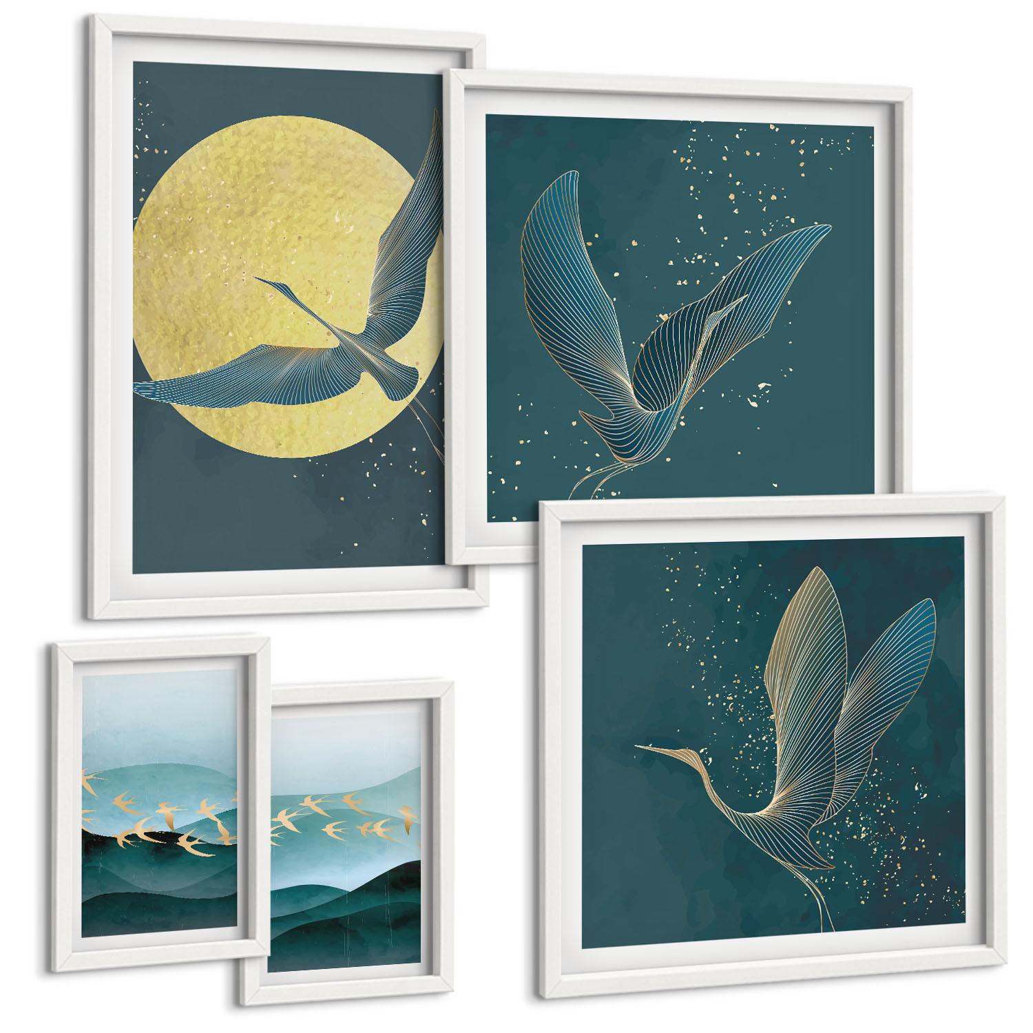 BILDER SET 5er Set - 50x50 cm & 20x30 cm & 40x60 cm Weißer Rahmen - Abstrakte Landschaften von Vogelwellen - Weiß, Kunststoff (40/60cm) - TULUP