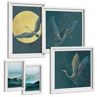 BILDER SET 5er Set - 50x50 cm & 20x30 cm & 40x60 cm Weißer Rahmen - Abstrakte Landschaften von Vogelwellen - Weiß, Kunststoff (40/60cm) - TULUP