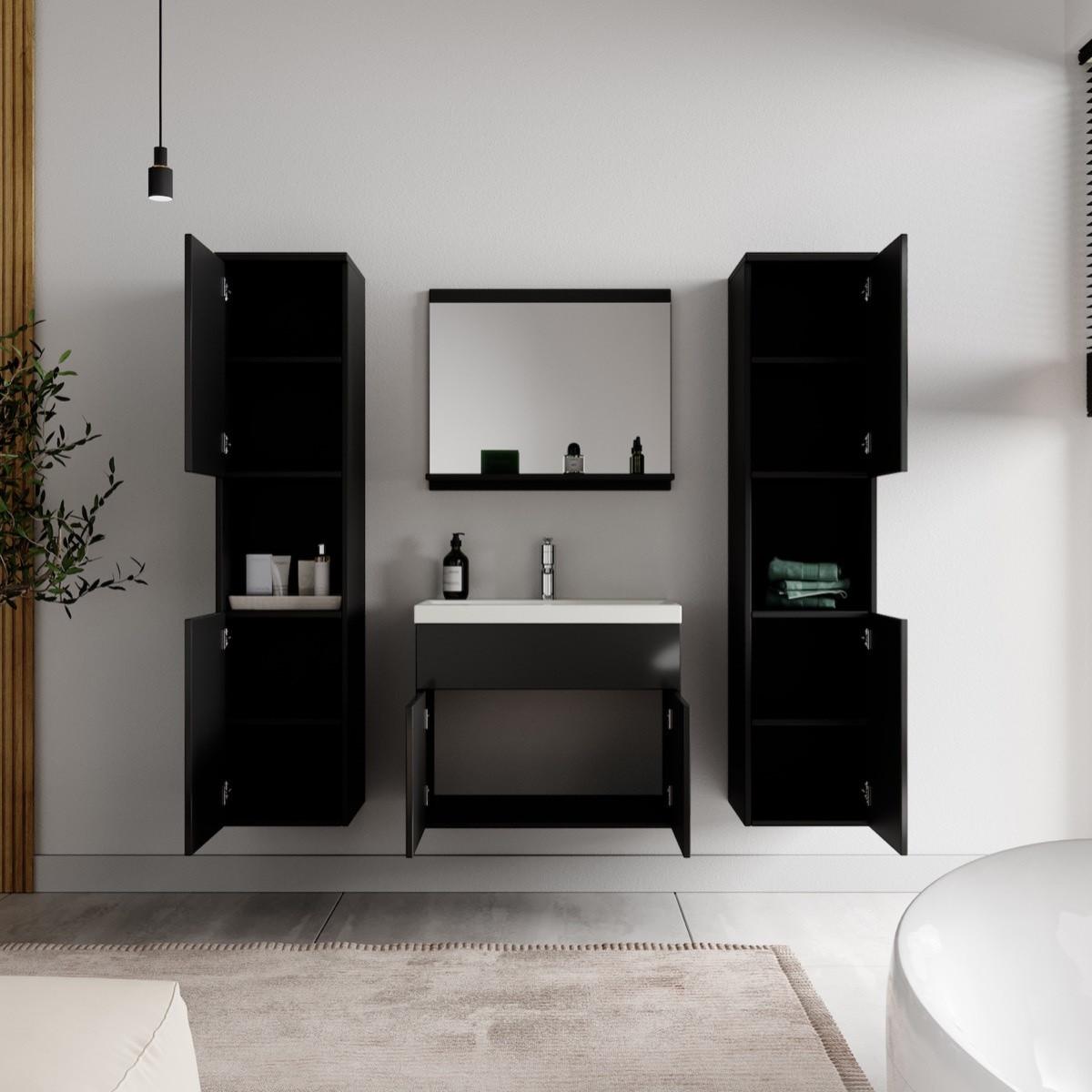 BADMÖBEL-SET Montreal 5 Teile Schwarz Hochglanz - 60 x 35 x 51 cm - Schwarz, Holz (60/51/35cm) - Badplaats