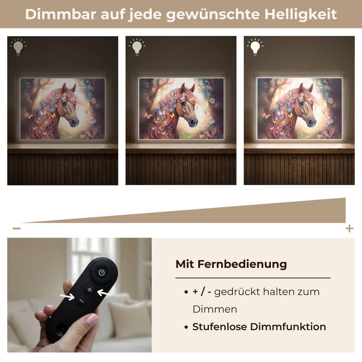 WANDLEUCHTE MIT AKKU Pferd - Natur - Blumen - Schmetterlinge - Wald 40x30 cm - Dunkelbraun, Holzwerkstoff (40/30/8cm) - OnlyWow