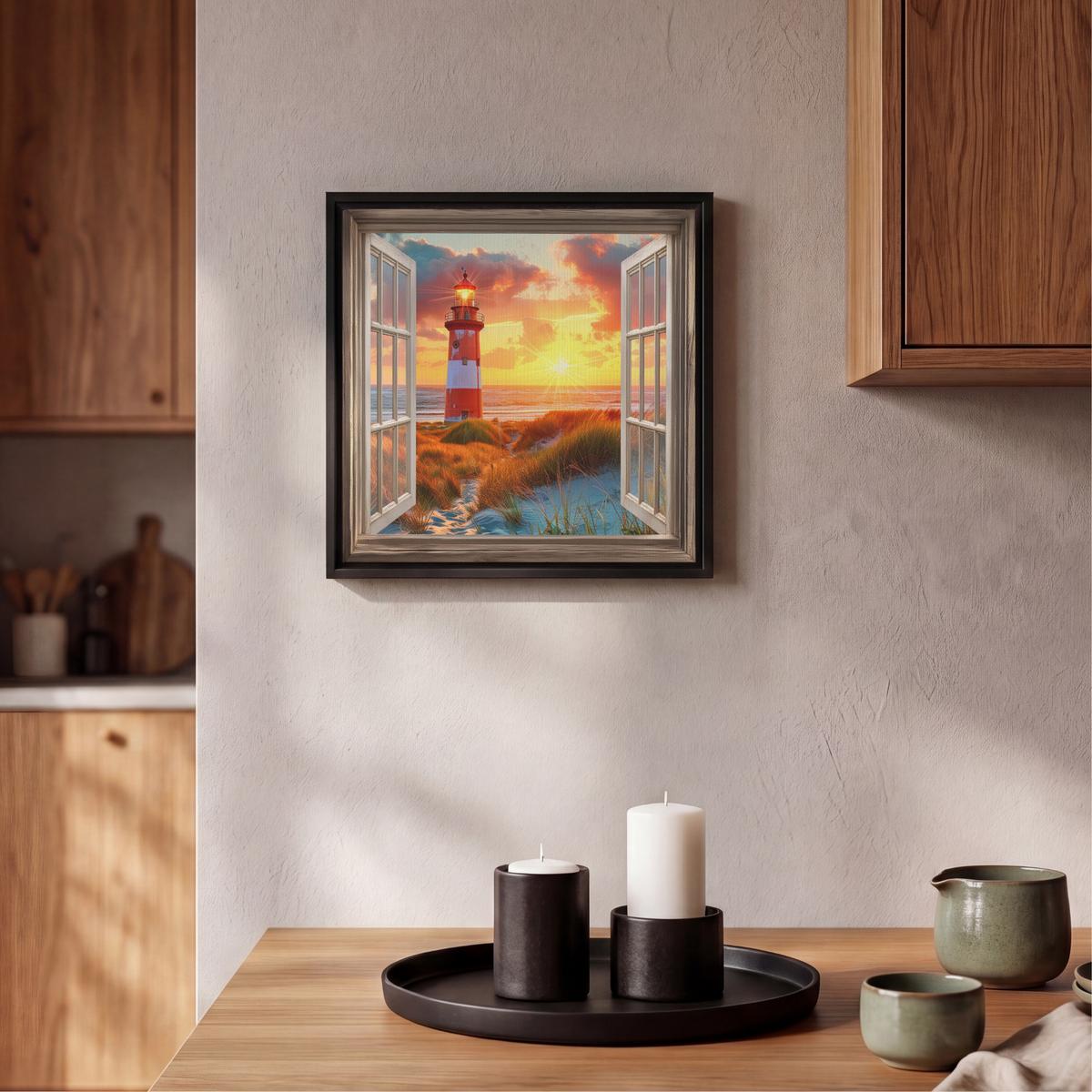 LEINWAND Bilder mit Rahmen - Aussicht - Fenster - Leuchtturm - Sonnenuntergang - Strand - 20x20 - Dunkelorange, Textil (20/20cm) - MuchoWow