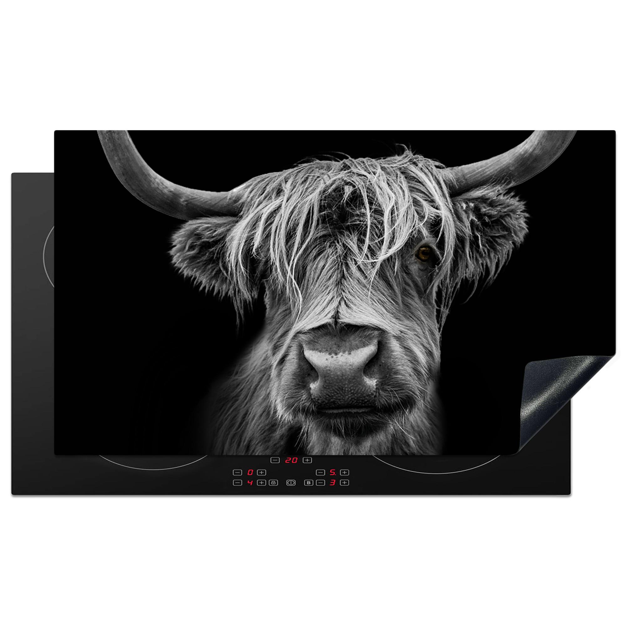 HERDABDECKPLATTE Schottischer Highlander - Hörner - Schwarz - Weiß - Kuh - Wild - Tiere Induktionsschutz 91.2x52 cm - Schwarz, Kunststoff (91.2/52/0.2cm) - MuchoWow