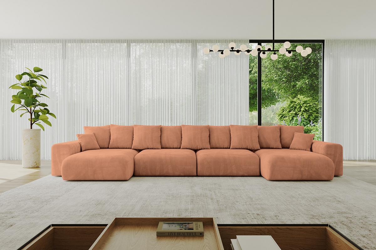 WOHNLANDSCHAFT mit Schlaffunktion ESKAR-U2-464x176x72cm Apricot - Koralle, Holzwerkstoff/Kunststoff (176/72/464cm) - ALTDECOR