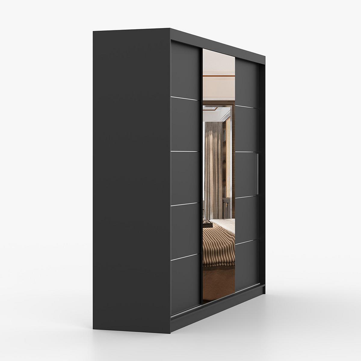 SCHWEBETÜRENSCHRANK Alba Schwarz/Schwarz + Spiegel, ohne LED Beleuchtung 250 cm - Schwarz/Alufarben, Glas/Holzwerkstoff (250/218/61cm) - imoebel24