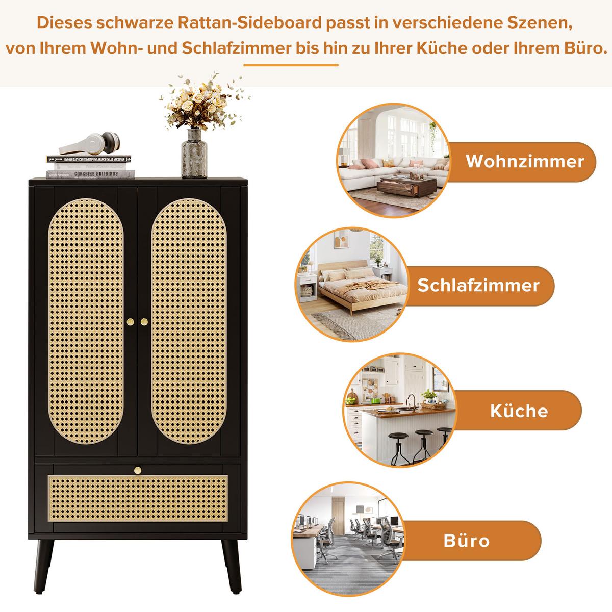 HIGHBOARD Aus Rattan Schwarz 60/40/110,5 cm - Schwarz, Holzwerkstoff/Metall (40/111/60cm) - Urban Meuble
