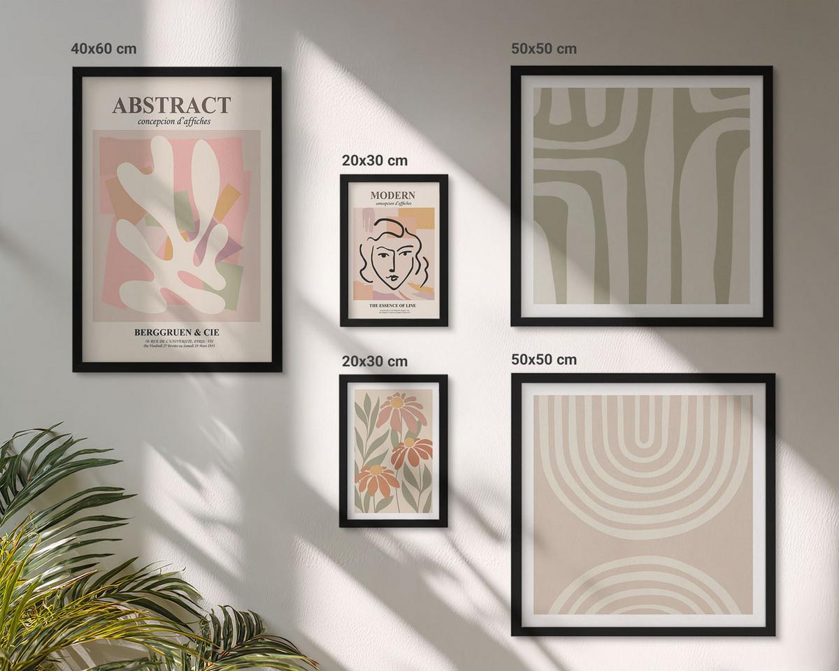 BILDER SET 5er Set - 50x50 cm & 20x30 cm & 40x60 cm Schwarzer Rahmen - Abstrakte Pflanzenformen - Schwarz, Kunststoff (40/60cm) - TULUP