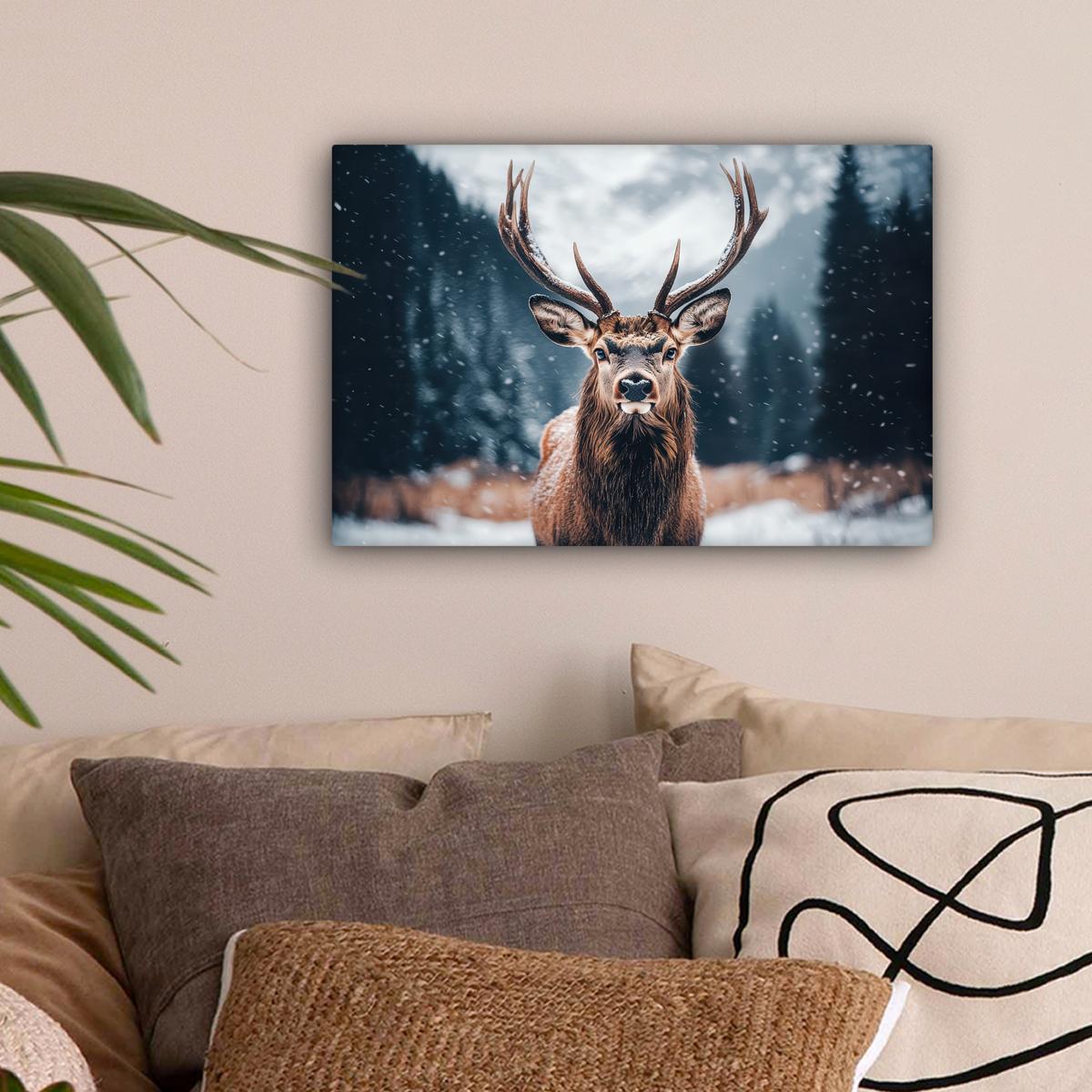 LEINWANDBILD Hirsche - Tiere - Landschaft - Winter - Schnee Deko Schlafzimmer 30x20 cm - Kastanienfarben, Textil (30/20cm) - MuchoWow