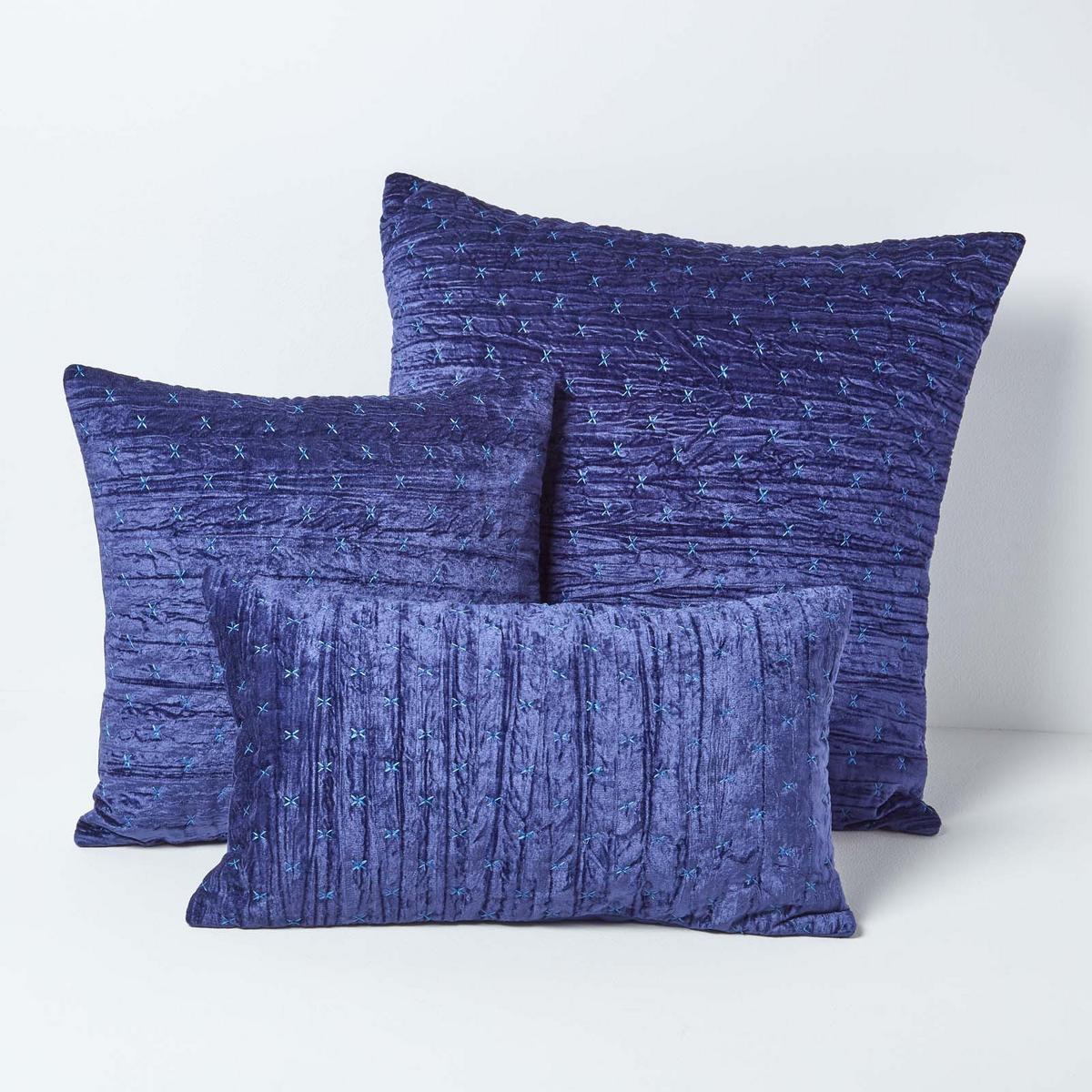 KISSENHÜLLE Pannesamt bestickt 40/40 cm - Dunkelblau, Textil (40/40cm) - Homescapes
