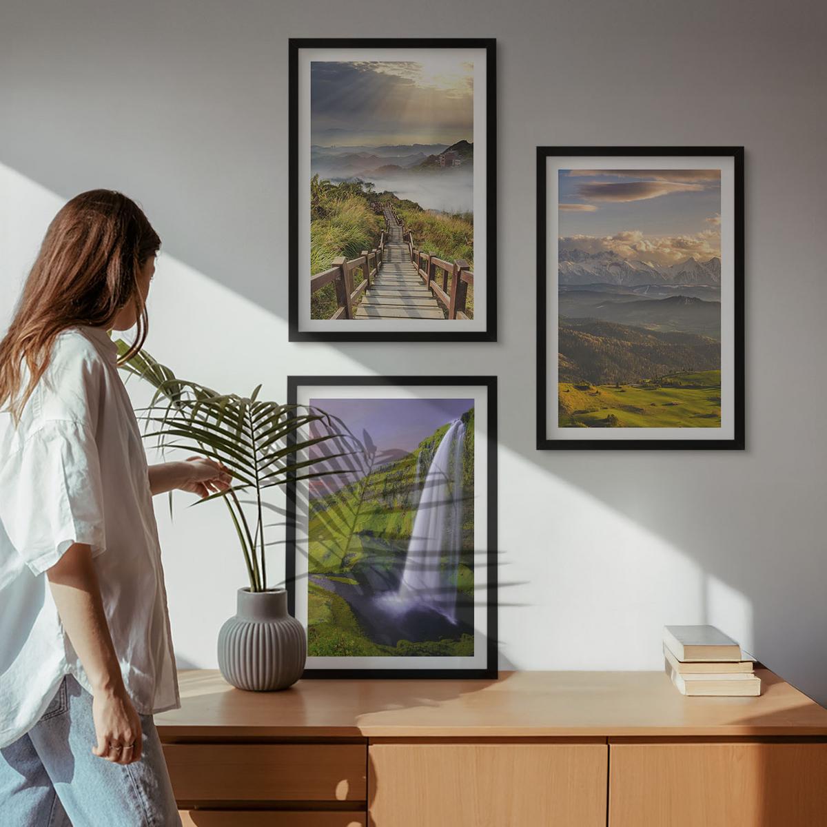 BILDER SET 3er Set - 40x60 cm Schwarzer Rahmen - Berglandschaften Wasserfall - Schwarz, Kunststoff (40/60cm) - TULUP