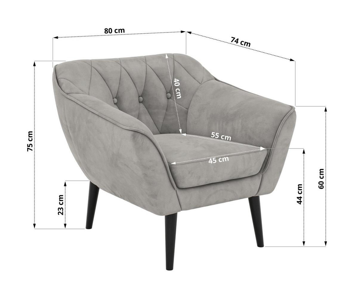 SESSEL PIRS - Hellgrau Velvet - Schwarze Beine - Hellgrau/Schwarz, Holzwerkstoff/Textil (80/75/74cm) - MKS